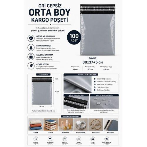 Gri Cepsiz Orta Boy Kargo Poşeti 30x37+5 Cm 100 Adet