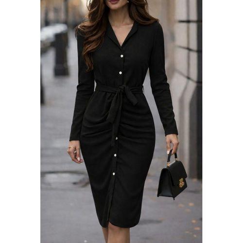 Kadın Uzun Kollu önden Düğmeli Beli Kuşaklı Aerobin Midi Elbise
