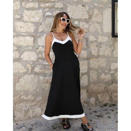 Kadın Ip Askılı V Yakalı çift Renkli Janjan Krep Elbise