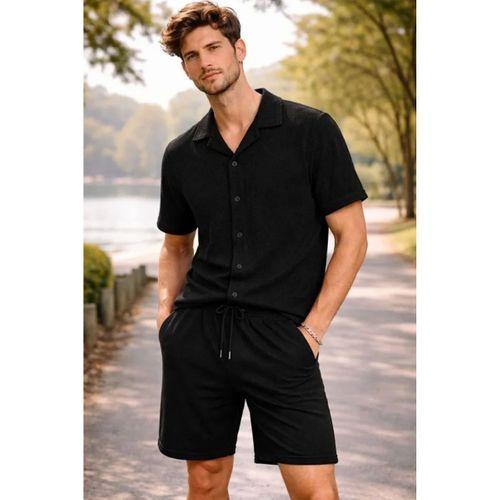 Erkek Waffle Kumaş Kısa Kollu Gömlek Şort Takım Regular Fit Yazlık İkili Set - Siyah
