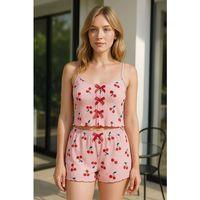 Pembe Kiraz Desenli Kurdelalı Askılı Şortlu Pijama Takımı