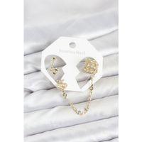 Kiraz Model Pirinç Gold Renk Zincir Bağlantılı Ear Cuff Küpe Seti - TJ-BKP11549