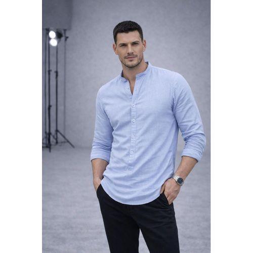 Hafif ve Nefes Alabilir Erkek Müslin Yarım Pat Hakim Yaka Oversize Gömlek - Buz Mavi