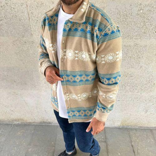 Erkek Desenli Polar Gömlek – Etnik Şerit Desen Yakalı, Uzun Kollu, Düğmeli, Oversize Rahat Kalıp - Sarı