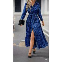 Kadın Uzun Kollu Yakalı Belden Kuşaklı Leopar Desenli Modal Uzun Elbise