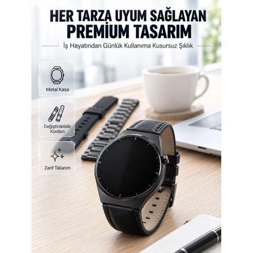 3 Kordonlu Amoled Ekran Bluetooth Aramalı Akıllı Saat Metal, Deri Ve Silikon Kordon Seti