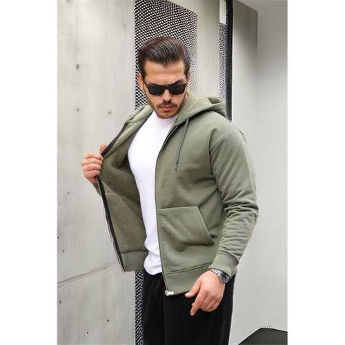 İçi Peluş Üç İplik Kumaş Oversize Fermuarlı Kapüşonlu Sweatshirt- Avcı Yeşili