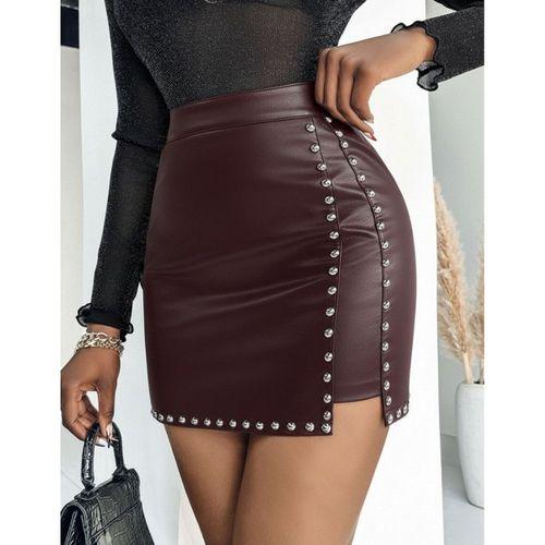 Kadın Yüksek Belli Yandan çivili Mini Deri Etek