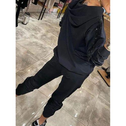 Kadın Uzun Kollu Kapşonlu Pulpayet Detay Viskon Iki Iplik Bluz Ve Pantolon Ikili Takım