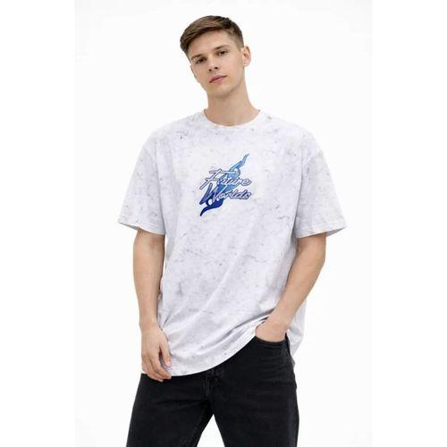 Erkek Asit Yıkamalı Oversize Tişört Future Worlds Baskılı Bisiklet Yaka Kısa Kollu Streetwear %100 Pamuk Street Style T-Shirt - Beyaz