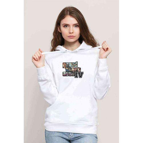 GTA V Yazı ve Logo Baskılı Beyaz Kadın Kapşonlu Sweatshirt