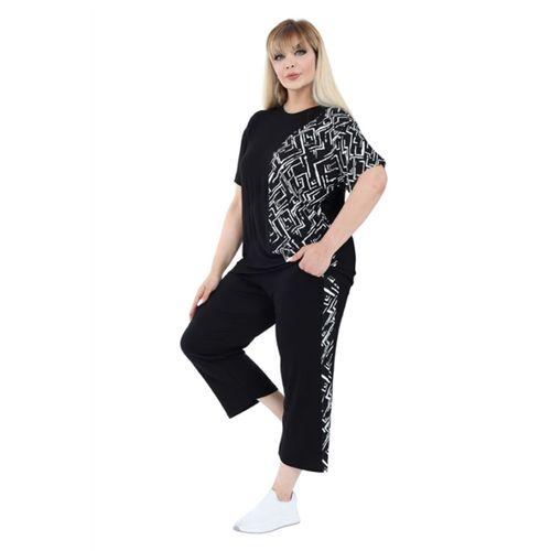 Melsay Butik Siyah Kısa Kol Yarım Zigzag Garnili Viskon Kapri Takım