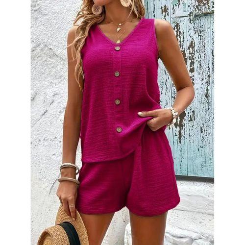 Kadın Askılı Kolsuz V Yakalı önden Düğmeli Bürümcük Bluz Ve Short Ikili Takım