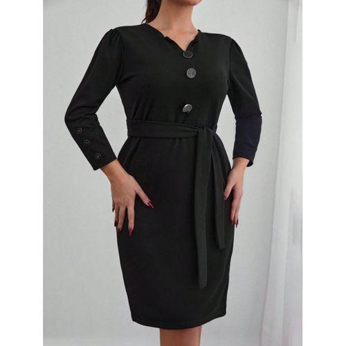 Kadın Uzun Kollu Düğme Detaylı Kendinden Kemerli Ithal Krep Elbise