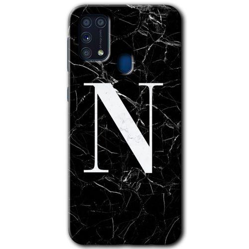 Galaxy M31 Kılıf HD Desen Baskılı Arka Kapak - Siyah Mermer Desenli N Harfi + Kırılmaz Cam