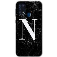 Galaxy M31 Kılıf HD Desen Baskılı Arka Kapak - Siyah Mermer Desenli N Harfi + Kırılmaz Cam