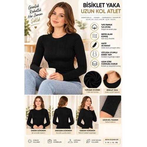 Kadın Bisiklet Yaka Uzun Kol Atlet Siyah, Esnek Kumaş, Vücuda Oturan Basic Body - ryl - 2613