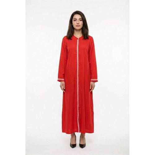 Uzun Kol Mihrimah Nakışlı Yazlık Şile Bezi Ferace Kırmızı Krmz