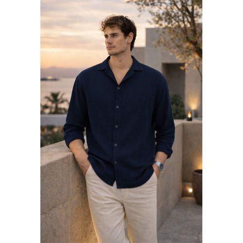 Apaş Yaka Oversize Müslin Kumaş Gömlek - Lacivert