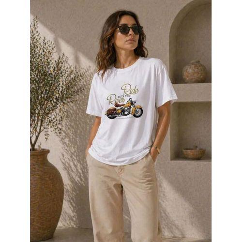Motosiklet Baskılı Tişört Bisiklet Yaka Kısa Kol Yazlık T-Shirt - Beyaz