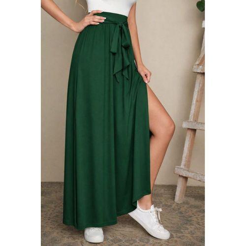 Kadın Yüksek Bel Bei Kuşaklı Yandan Yırtmaçlı Uzun Sandy Etek