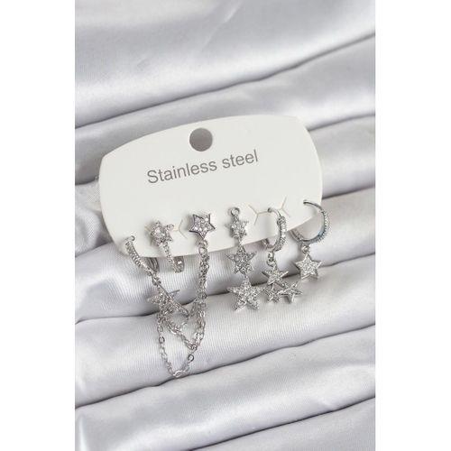 316L Çelik Gold Renk 6'lı Set Zincirli Yıldız Modelli Kadın Küpe