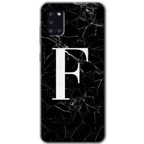 Samsung Galaxy A31 Kılıf Baskılı Kapak - Siyah Mermer Desenli F Harfi + 5D Tam Kaplayan Cam