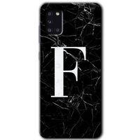Samsung Galaxy A31 Kılıf Baskılı Kapak - Siyah Mermer Desenli F Harfi + 5D Tam Kaplayan Cam