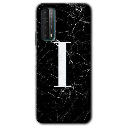 Huawei P Smart 2021 Kılıf Baskılı Kapak - Siyah Mermer Desenli I Harfi +Tam Ekran Koruyucu