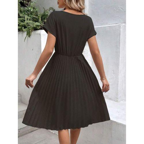 Kadın Kısa Kollu Yakası Açık Belden Lastikli Pileli Kısa Ithal Krep Elbise