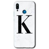 Huawei P20 Lite Kılıf HD Desen Baskılı Arka Kapak - Beyaz Mermer Desenli K Harfi + Kırılmaz Cam