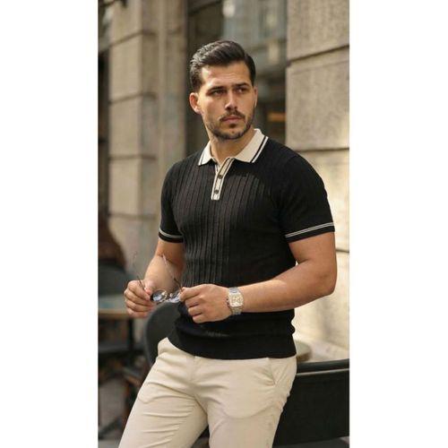 Erkek Düğme Yakalı Kontrast Yaka Triko Tişört