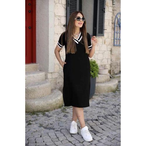 Pilelistore Kadın Kısa Kollu V Yaka Kol Ve Yaka Ribana Detay Midi Boy Viskon Elbise