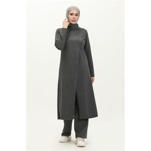 Kruvaze Balıkçı Yaka Sade Basic Uzun Tunik Panolon İkili Takım - 03043.017 - Antrasit