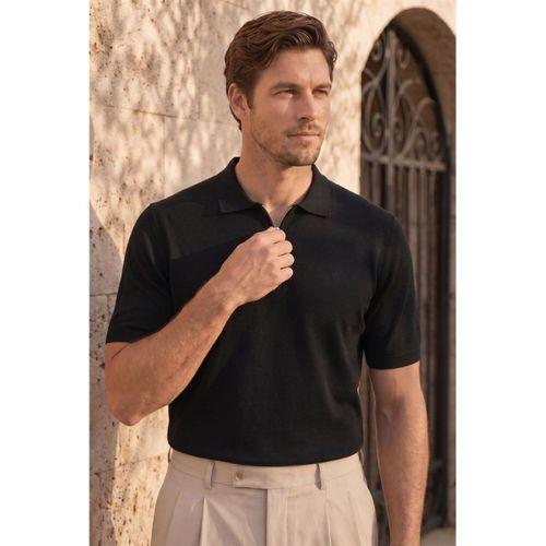 Linus Fermuarlı Polo Yaka Kısa Kollu İnce Triko Erkek T-Shirt - Siyah