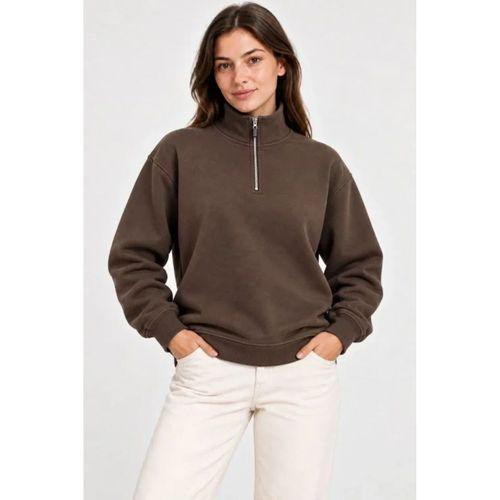 Üç İplik İçi Şardonlu Dik Yaka Yarım Fermuarlı Kışlık Sweatshirt - Kahverengi
