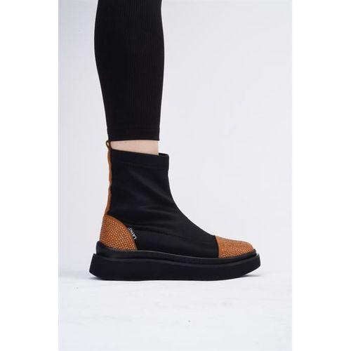 Afron Siyah Renkli Taba Deri Detaylı Taşlı Kışlık Kadın Bot