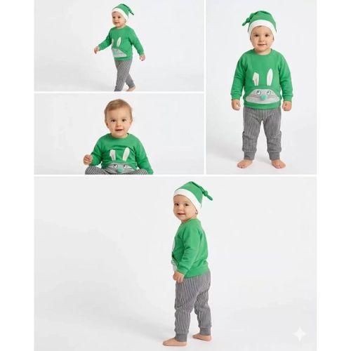 3/12 Ay Şapkalı Tavşan Nakışlı Bebek Takımı