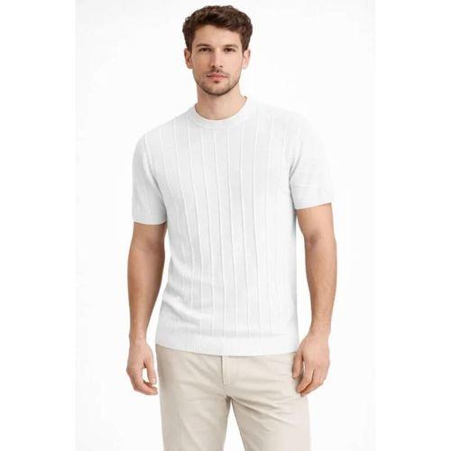 Erkek Yazlık Fitilli Triko Tişört Kısa Kol Bisiklet Yaka T-Shirt - Beyaz