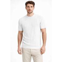 Erkek Yazlık Fitilli Triko Tişört Kısa Kol Bisiklet Yaka T-Shirt - Beyaz