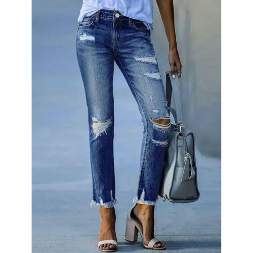 Kadın Dar Kesim Cepli önden Yırtık Desenli Denim Pantolon