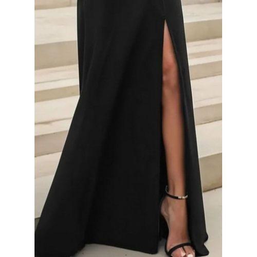 Kadın Uzun Kollu Madonna Yakalı Yırtmaç Detaylı Uzun Ithal Krep Elbise