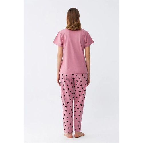 Kadın Somon Kalp Desenli Kısa Kollu Penye Pijama Takımı