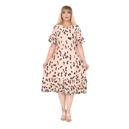 Melsay Butik Büyük Beden Eteği Fırfırlı Bej Leopar Desen Cepli Elbise