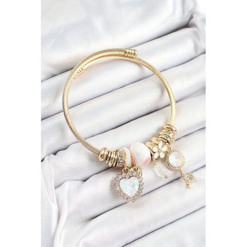 316L Çelik Beyaz Zirkon Taşlı Anahtar Ve Kalp Model Gold Renk Charm Bileklik