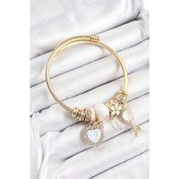 316L Çelik Beyaz Zirkon Taşlı Anahtar Ve Kalp Model Gold Renk Charm Bileklik