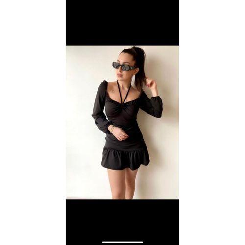 Kadın Uzun Kollu Halter Yaka Detay Mini Elbise