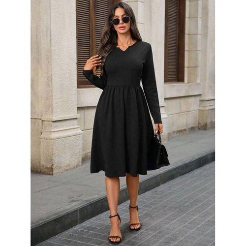Kadın Uzun Kollu V Yakalı Cepli Midi Ithal Krep Elbise