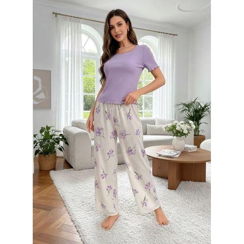 Kadın Mor Çiçek Desenli Uzun Pijama Takımı Yumuşak Pamuklu Rahat Ev Giyimi Özel Tasarım