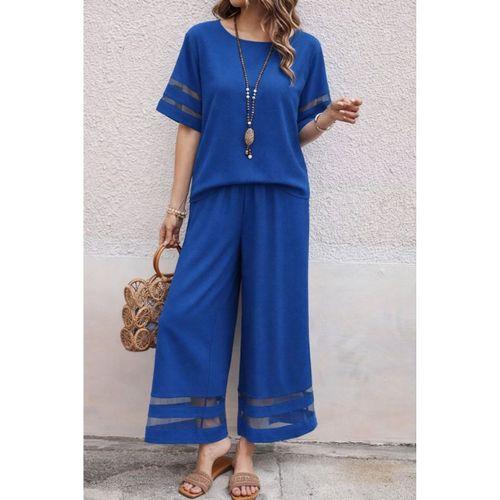 Kadın Kısa Kollu Bisiklet Yakalı Tül şerit Detaylı Bluz Ve Pantolon Ikili Takım